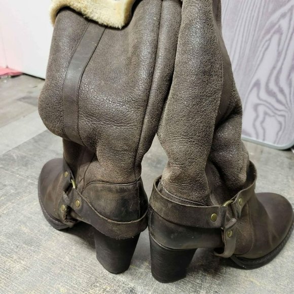 STETSON Fur Lined Leather Harness Tall Chunky High Heel Boots - Picture 4 of 10